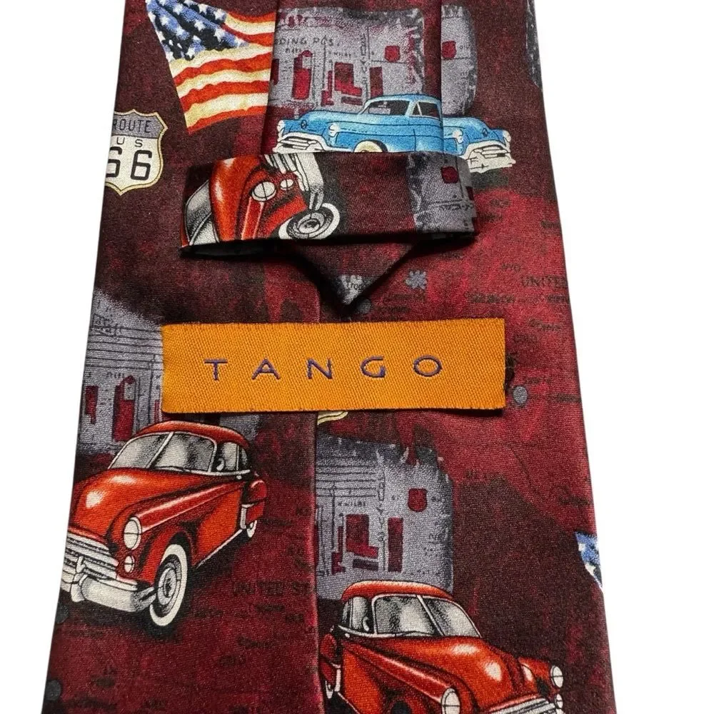 Tango Route 66 Classic Car USA Flag Silk Necktie Tie Handmade
